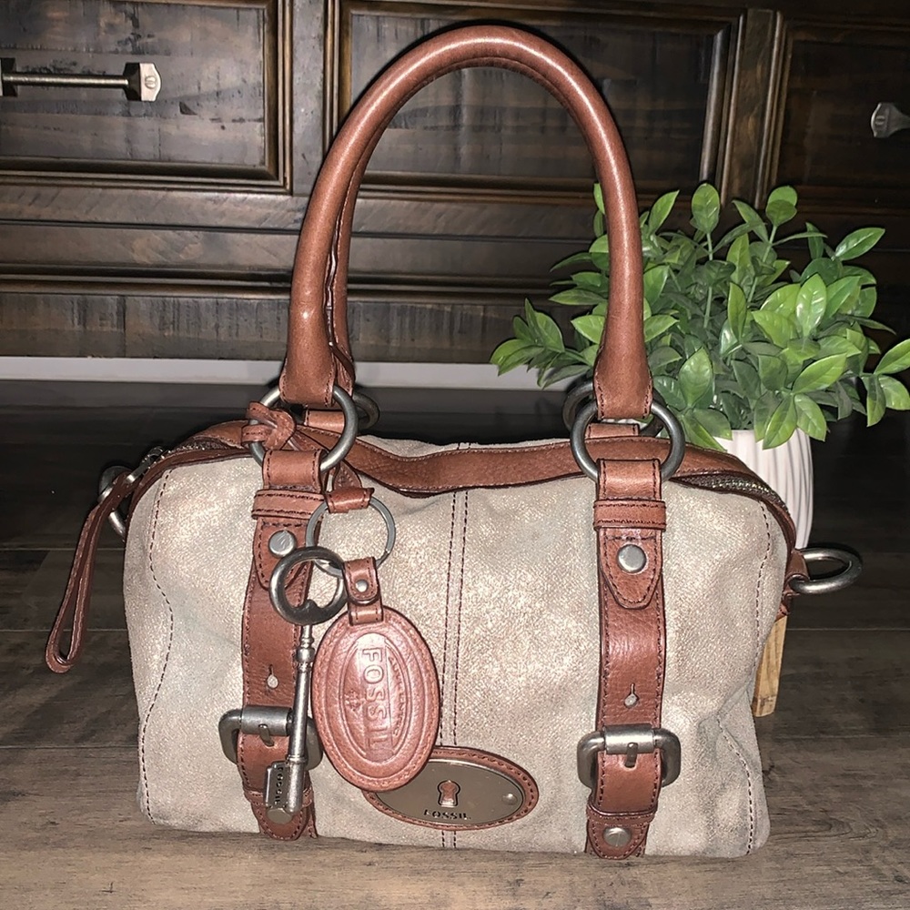 VINTAGE FOSSIL MADDOX METALLIC PEWTER AND BROWN LEATHER SATCHEL
